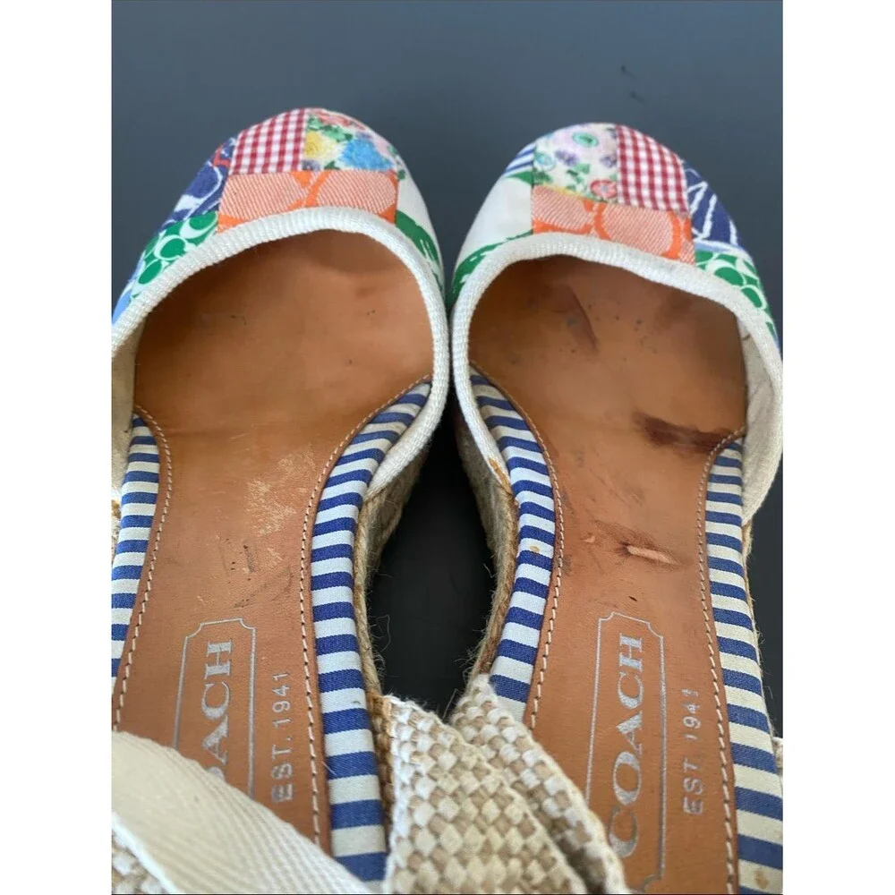 Coach Patchwork Espadrille Wedges Multicolor Sz 7R Logo Floral Coastal Preppy